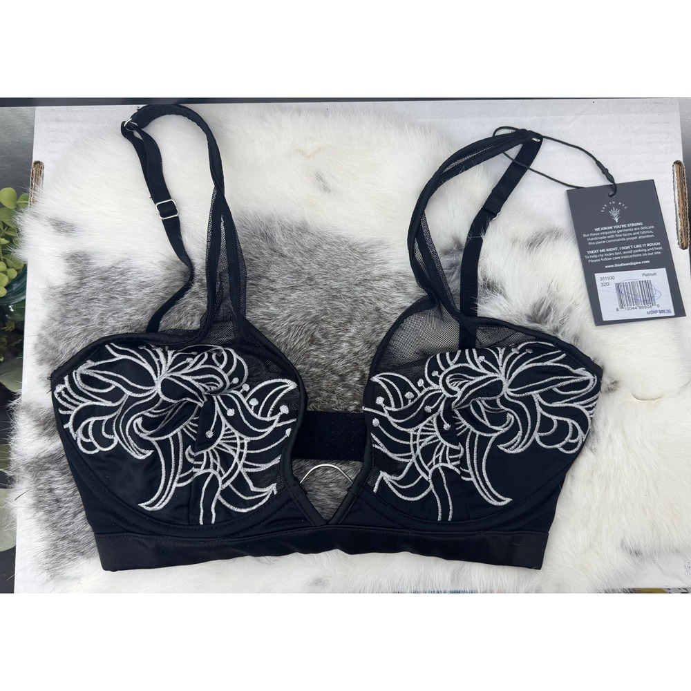 Thistle and Spire Platinum Embroidered Mesh Underwire Bra Black 32D NWT 311100